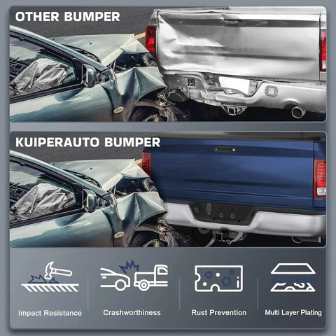 Comparison of damaged truck with other bumper vs. intact with Chrome Rear Step Bumper for 2014 to 2018 Chevy Silverado GMC Sierra 1500 No Park