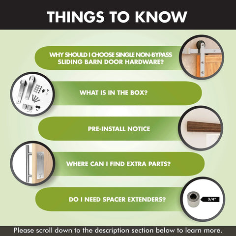 Infographic detailing Brushed Nickel Non Bypass Sliding Barn Door Hardware Kit features and installation FAQs.