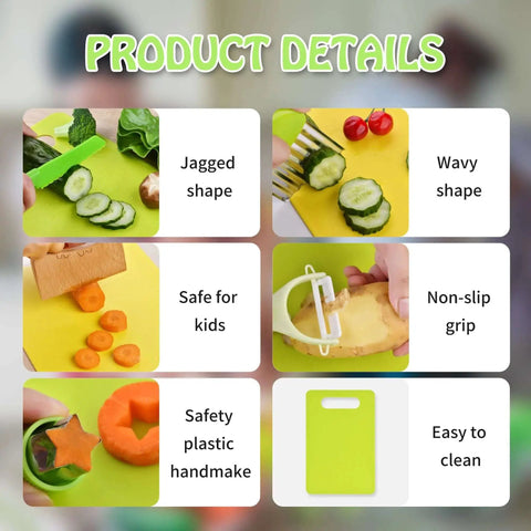 Real Kitchen Skills For Little Chefs 13 Piece Toddler Knife Set features details of knives, cutters, and boards for safe use.