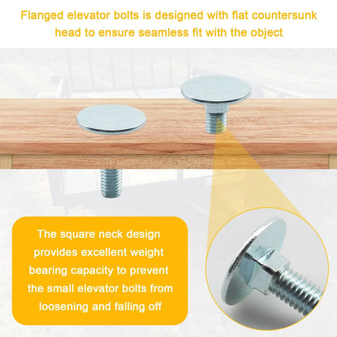 Two zinc elevator bolts, 3/8-16 x 1-1/2, flat head, rust-resistant, shown installed on wood