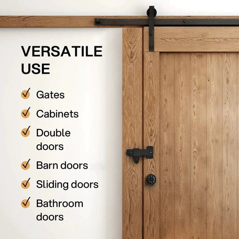 Vintage Style Black Wrought Iron Flip Latch Hardware Kit For Double Doors, Barn Doors, Garden Gate, Cabinet, Bar And Pantry shown on wooden door
