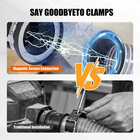Magnetic Dust Collection Fittings Quick Connect Kit showing magnetic versus traditional connection for woodworking tools.