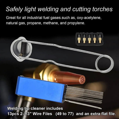 Welding torch striker with wire files and nozzle tips for cutting and light welding.