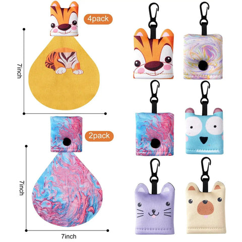 Microfiber Eyeglasses Cleaning Cloths With Neoprene Pouch 6 Pack, colorful pouches with animal designs, dimensions shown, clip attachments