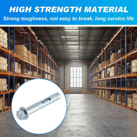 20 Pack 1/2 X 3-Inch Sleeve Anchors For Concrete, in zinc-plated finish, displayed over a warehouse background.