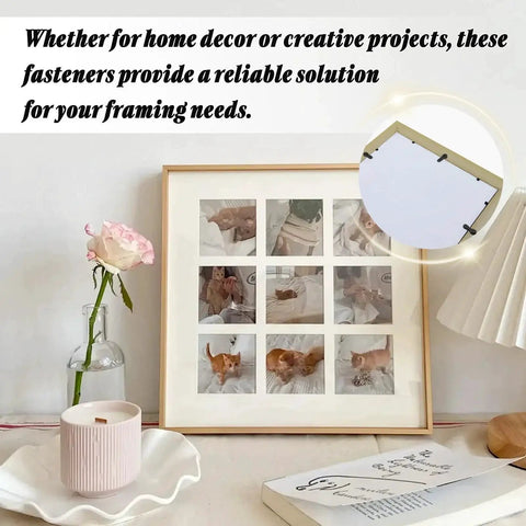 100 Pack Metal Picture Frame Turn Buttons And Screws For Hanging Pictures Black Backing Clips Frame Hardware Kit shown with framed photo display