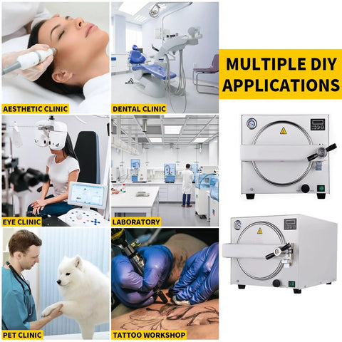 Aesthetic clinic: woman receives facial treatment with handheld device
Dental clinic: modern dental chair with overhead light and tools
Graphic banner with yellow background reading MULTIPLE DIY APPLICATIONS
Eye clinic: patient undergoing eye examination with binocular microscope
Laboratory: bright lab with workstations and scientists
Front view of stainless steel autoclave sterilizer
Pet clinic: veterinarian holding a white fluffy dog
Tattoo workshop: tattoo artist working on client's skin