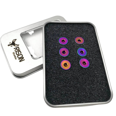 M5x12mm Titanium Steering Wheel Bolts Kit, 6 Pieces, Countersunk Flat Head Screws With Rainbow Titanium Finish in packaging