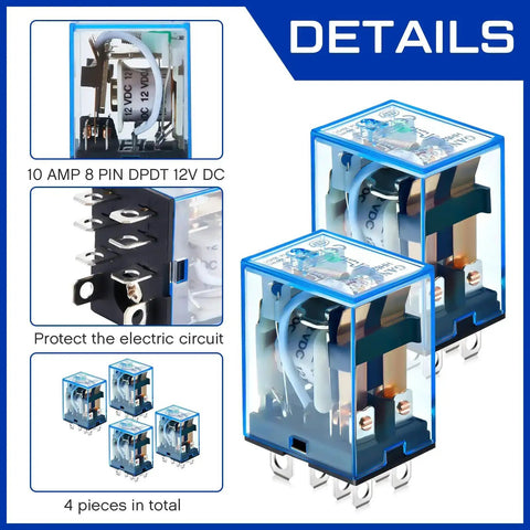 Close-up of Four Pack DC 12V General Purpose Relays, 8 Pin DPDT Electromagnetic Power Relay, 10A, Plug In Design.