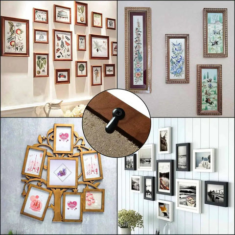 Pro Grade 160 Piece Metal Picture Frame Hardware Kit With 160 Screws And Turn Button Fasteners Black Finish Includes Hanging Hangers For Photos Crafts And Posters A Complete All In One Set That Is Rust Resistant And Built To Last showing framed artwork in various styles