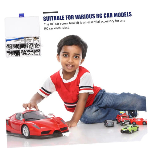Child playing with toy cars next to RC Car Screws And Fasteners Kit Pro Grade Repair Tool Set with case and tools visible.