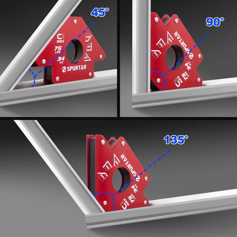 Heavy Duty Welding Magnets 6 Pack With 75 Lb Each, Magnetic Clamps And Holders For Hands Free Welding, Strong Ferrous Metal Positioning Tools, Angles At 45 90 And 135 Degrees, Spurtar shown in use.