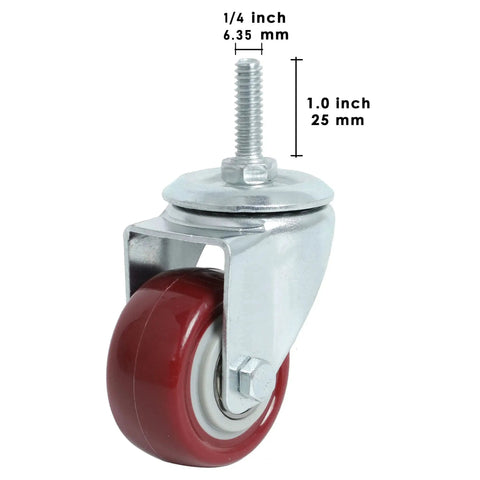 2 Inch Swivel Caster Wheels 4 Pack With Threaded Stem Heavy PU 800 Lb, red PU wheel with steel housing and threaded stem