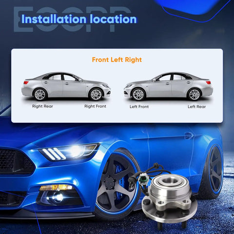 Replacement Wheel Bearing And Hub Assembly With ABS For Nissan Frontier Pathfinder Xterra And Suzuki Equator 4x4 6 Lug Front Or Rear 2005 2019 Heavy Duty Quality Replacement Parts installation location diagram with blue car and wheel hub illustration.
