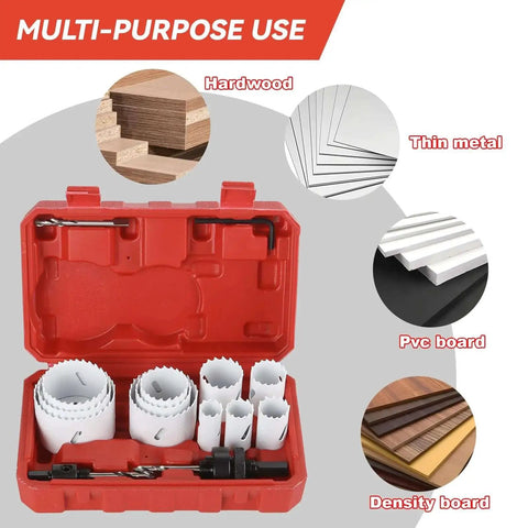 Beast Bi Metal Hole Saw Kit From Maycraft 17 Piece Set With 11 Blades From Three Quarter To Two And A Half Inches 2 Arbors 3 Pilot Drill Bits And Hex Wrench For Cutting Metal PVC Plastic And Drywall displayed with hardwood, metal, pvc, density boards