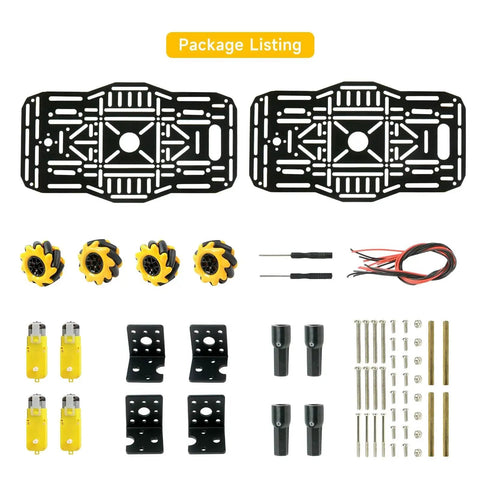 Package contents of Mecanum Wheel Robot Chassis Kit With 360 Degree Omnidirectional Movement Aluminum Alloy Frame 60mm Wheels TT Motors