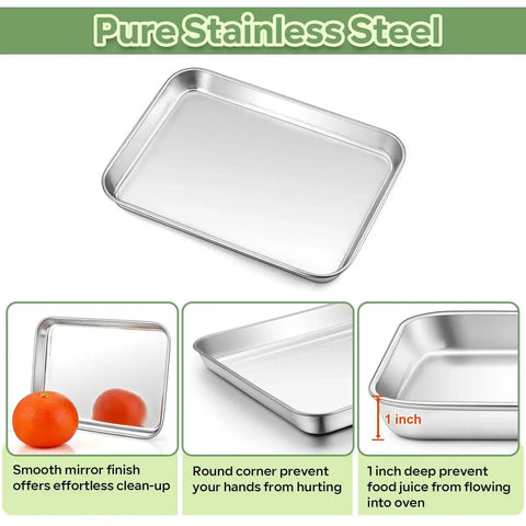 Pure stainless steel toaster oven pan with 1 inch deep smooth mirror finish, shown with tomatoes for comparison.