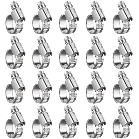 Stainless steel worm-gear hose clamp, micro size #4, 3/8–5/8 in range, rolled-edge protection, 20-pack.