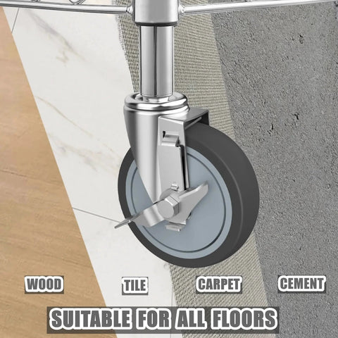 5 Inch Heavy Duty Caster Set With Brake for Wire Shelving Racks Replacement Wheels Four Pack, suitable for wood, tile, carpet, cement floors