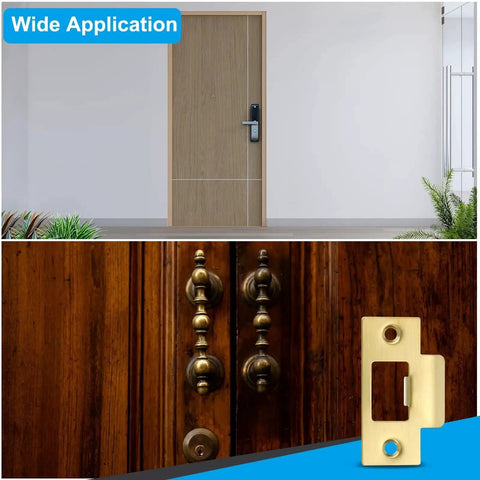2-3/4 Inch Stainless Steel Gold Door Strike Plate Set, 2 Pack With Screws, shown installed on various doors.