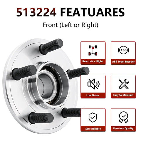 Front Wheel Hub Bearing Assembly For RWD Chrysler 300 2005-2011, Dodge Magnum 2005-2008, Charger 2006-2010, Challenger 2008-2010 Replacement Wheel Hub Bearing Set Durable, Easy Install Ready To Roll, showing front view with 5-bolt pattern, ABS encoder, and features highlighted in icons