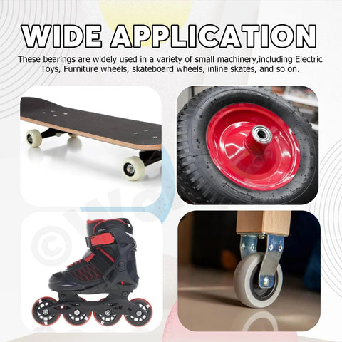 Bearings assortment set: 72 pieces, six sizes, shown with skateboard, red wheel hub, inline skates, and caster wheel