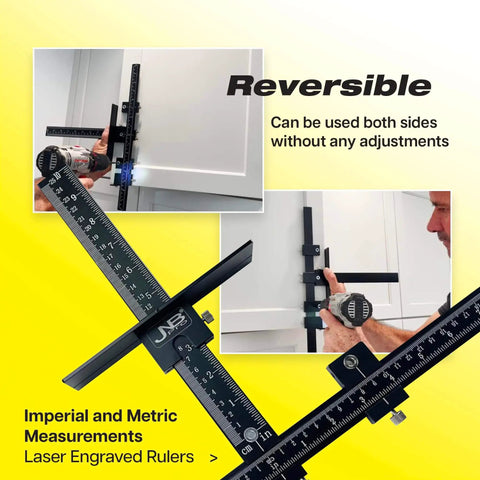 Cabinet Hardware Jig With Center Drill Guide for drawer handles, aluminum body, laser engraved rulers, reversible use.