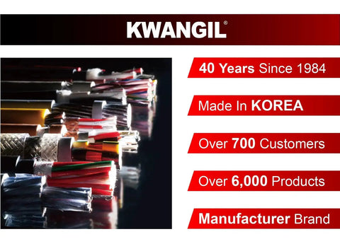 Various multicolored cables displayed with text highlighting Kwangil as a 40-year Korean manufacturer with over 700 customers and 6,000 products.