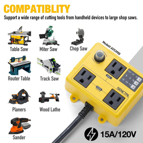 Auto Vacuum Switch AVS3900 for power tools with dual outlets and mode keys shown next to compatible tools like miter saws and routers.
