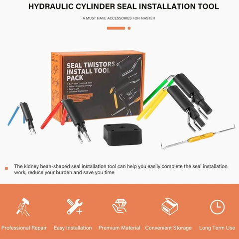 Pro Grade Hydraulic Cylinder Seal Kit with installation tools including rod seal tool and U-Cup Twistor in four sizes.