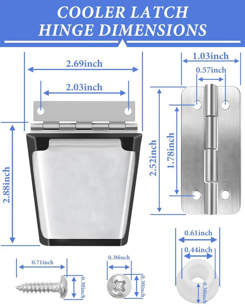 Cooler Hinges And Latch Replacement Kit For Igloo Coolers dimensions with stainless steel hinges, latches, screws, and measurements.