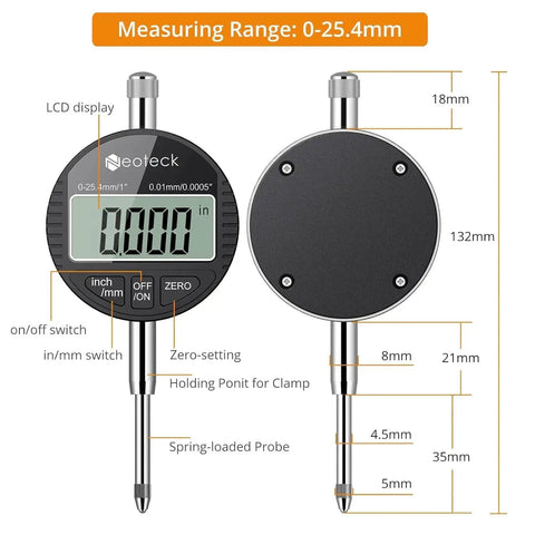 Digital Dial Indicator Gauge Set With Magnetic Base And Storage Case For 0 To 1 Inch 25.4mm High Resolution 0.01mm 0.0005 Inch Metric Conversion showing front and back dimensions.