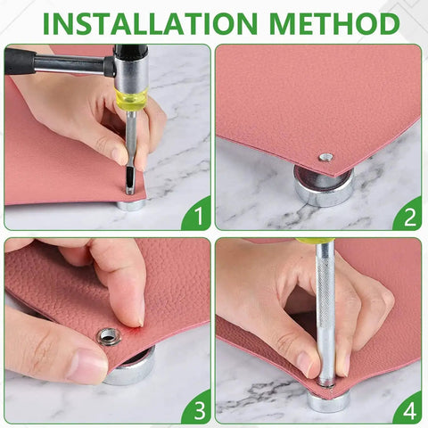 Step-by-step use of Eleven Piece Leather Craft Pro Grade Punch Tool Kit with Snap Fastener Setter and Rivet Die Set on pink leather