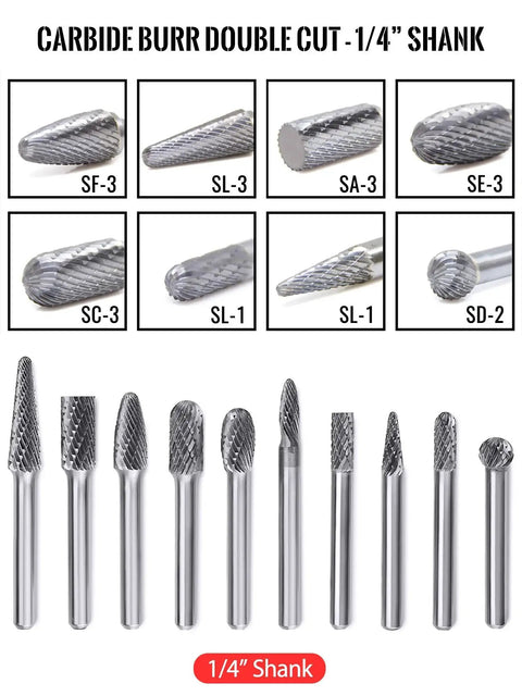 Tungsten Carbide Burr Set With One Quarter Inch Shank Ten Piece Die Grinder Bits Double Cut Rotary Burr For Metal Deburring Finishing Carving Grinding Polishing Engraving Drilling Wood Jade Marble displayed in a layout.