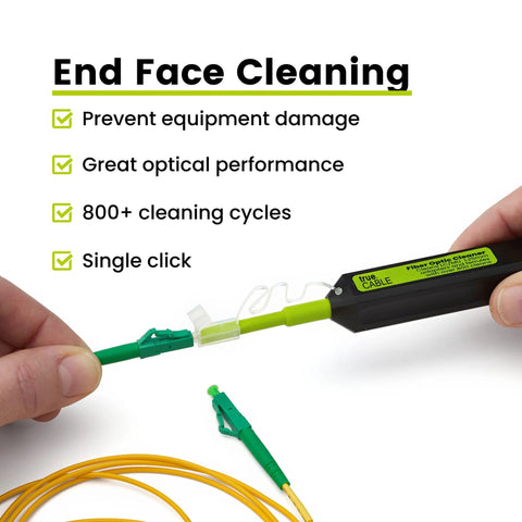 TrueCABLE fiber optic dual-position pen cleaner for LC/MU connectors, 1.25mm, green and black.