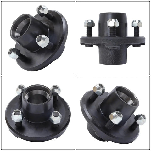 Two Sets 4 On 4 Inch Trailer Hub Kit With 1 Inch Square BT8 Spindle And Complete Trailer Bearing Kit Including Inner And Outer Bearings L44643 L44610 Grease Seal Dust Cap Lug Nuts Spindle Nut Washer And Cotter Pin For Heavy Duty Towing in different angles