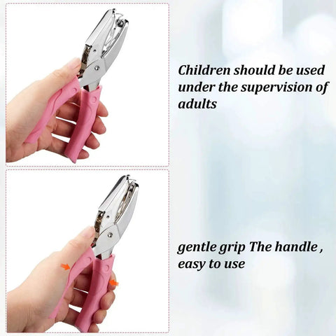 Hand holding Three Piece Hole Punch Set with Circle Heart and Star Shapes, metal body and soft grip handle, for scrapbooking and DIY projects.