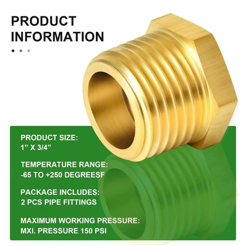 Brass Reducer Hex Bushing Pipe Fitting One Inch NPT Male To Three Quarter Inch NPT Female Adapter 2 Pack, product information