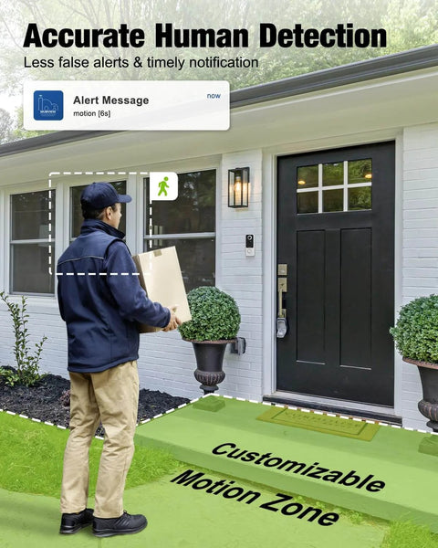 Person delivering package in front of house with Wireless Video Doorbell With Chime 1080P HD Two Way Talk Night Vision Human Detection Local MicroSD Card Or Cloud Storage No Subscriptions AES Encrypted Cloud Storage Easy Setup installed by door.