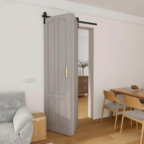 52 Inch Bi Folding Barn Door Hardware Kit For Two Doors With Low Ceiling Lite Roller System That Smoothly Slides Fits Double 24 Inch Bifold Doors Space Saving Sliding Solution For Tight Spaces No Door Included, installed in modern room.