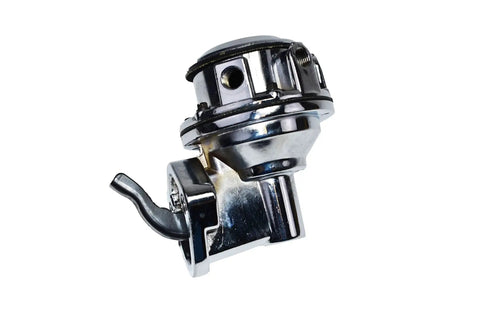 Beefed-Up Inline Mechanical Fuel Pump For Chevy And GMC Small Block 262-400, Chrome Finish, 6 PSI, 80 GPH shown from the side