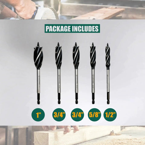 Auger Drill Bit Set For Wood 1/2 Inch 5/8 Inch 3/4 Inch And 1 Inch 6.5 Inch Long Quick Change Hex Shank 5-Piece