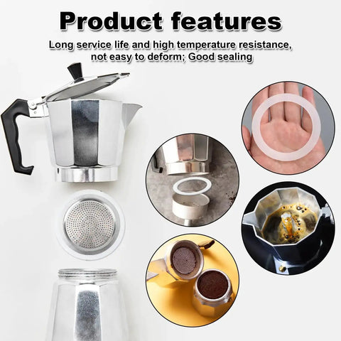 Eight White Silicone Moka Pot Gasket Seal Rings Set For Dama, Venus, Musa, Kitty 6 Cup Models, 7.1 Cm Diameter, Replacement Parts, Easy Install, Durable Espresso Pot Seals shown with a moka pot and coffee grounds.