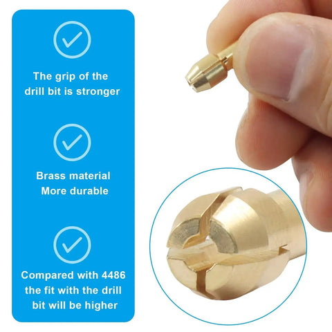 Close-up of brass nut being held, part of Keyless Drill Chuck Collet Set 15 Piece For Rotary Tools From One Thirty Second Inch To One Eighth Inch Shank.