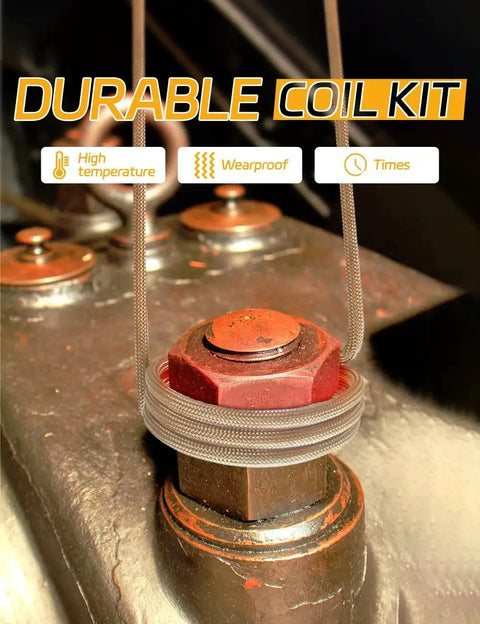Induction Heater Coil Kit With Seven Insulated Coils For Safe Reusable Induction Heating Projects shown on a rusted bolt.