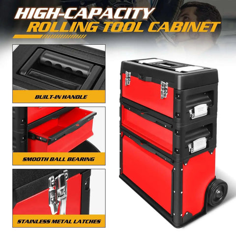 Heavy Duty Rolling Tool Chest With Three Tier Stackable Design On Wheels For Tools And Small Parts, Modular Drawer System And Mobile Garage Organizer, Durable Steel Box For Shop Or Garage, Black Red Finish
