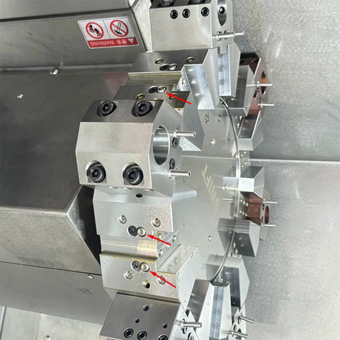 CNC lathe tool turret with Ten Pack M6 12mm 304 Stainless Steel Ball Coolant Nozzles With Screw Lock installed.