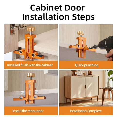 Cabinet Door Mounting Jig With Upgraded Dual Hole Locator installed on frameless cabinet, easy install, precise drilling guide.