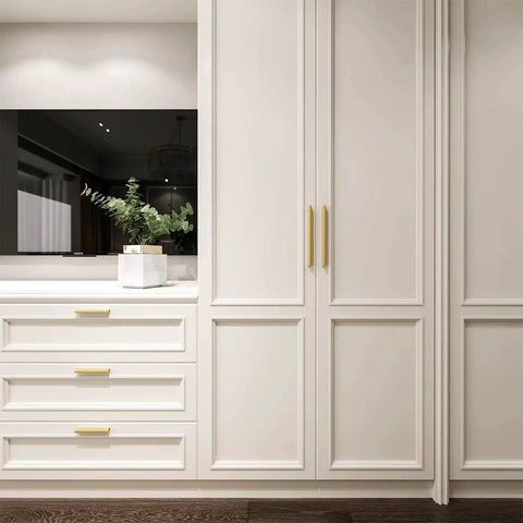 White cabinet with 10 Pack Adjustable Cabinet Drawer Pulls 102mm 4 Inch Brushed Brass Drawer Handles Dresser Hardware installed