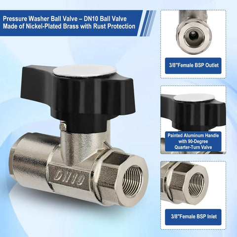 Pressure washer ball valve, DN10, 3/8in BSP inlet/outlet, nickel-plated brass body, black knob